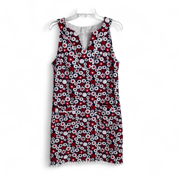 Trina Turk Red White Blue Floral Print Pom Pom Hem Shift Dress Size 8 Sleeveless - Picture 1 of 10